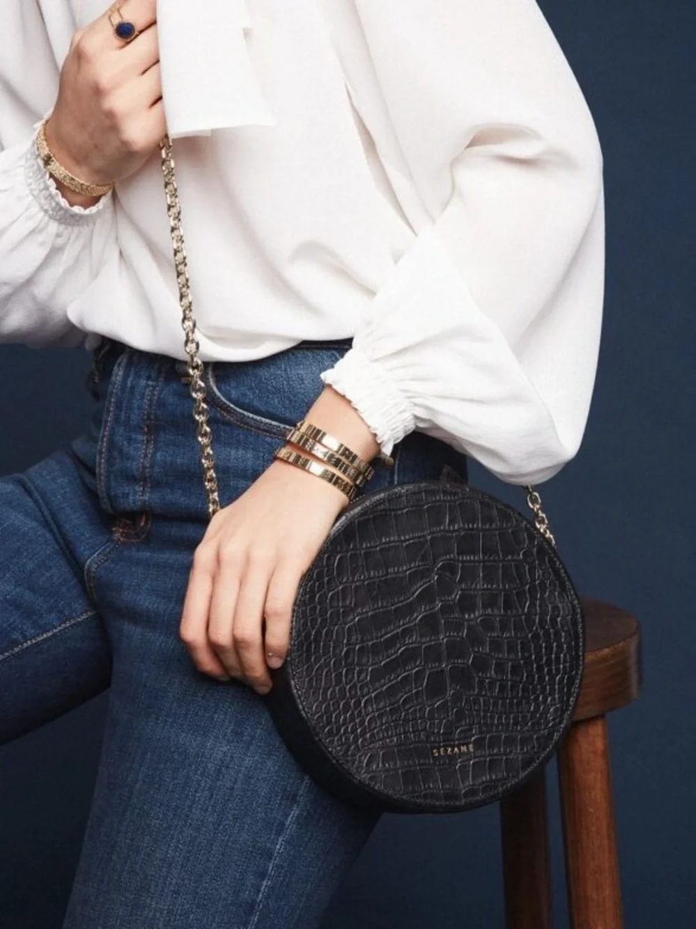 SEZANE Black Croc Embossed Leather Round Circle Crossbody Bag w/ Chain Strap